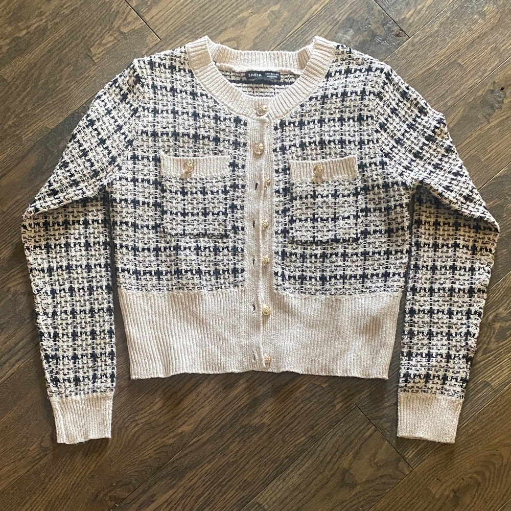 SHEIN Black and Cream Patterned Cardigan